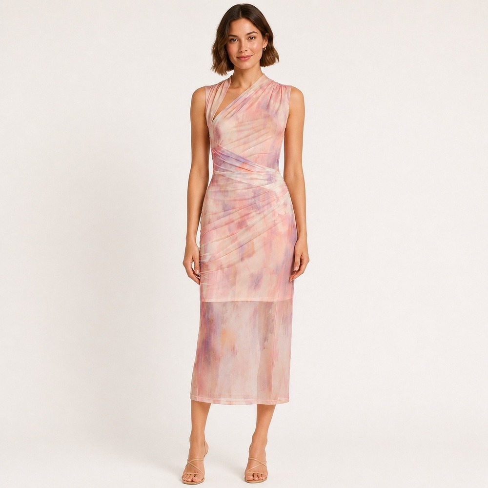 MISHA Tillie Ethereal Romantic Waterlilly Print Ruched Bodycon Midi Dress Pastel